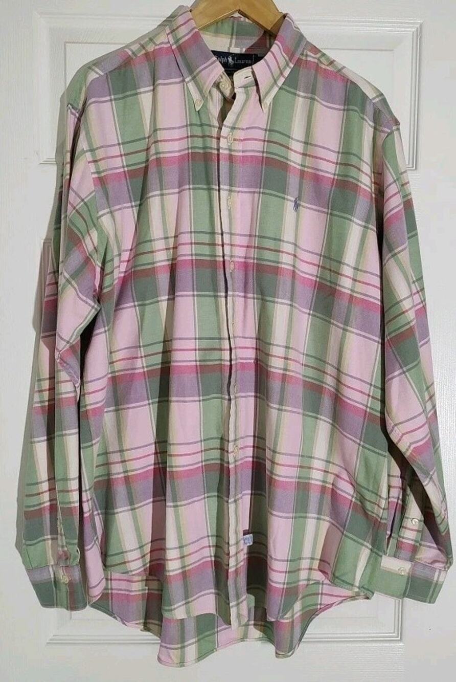 Men's Polo By Ralph Lauren Plaid Long Sleeve Shirt Pink Green Purple - XL